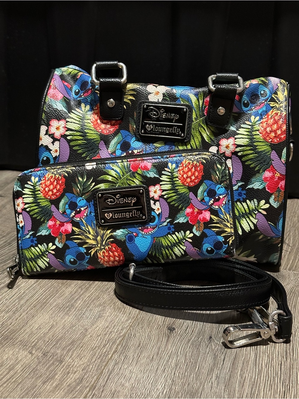 Loungefly Black Tropical Stitch Satchel & Wallet Set with Blue Accents